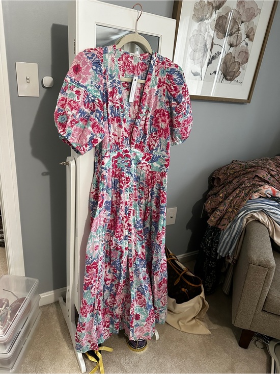 Poupette St. Barth Dresses & Skirts - Poupette St. Barth Floral Puff-Sleeve Midi Dress in Pink, Blue, Green